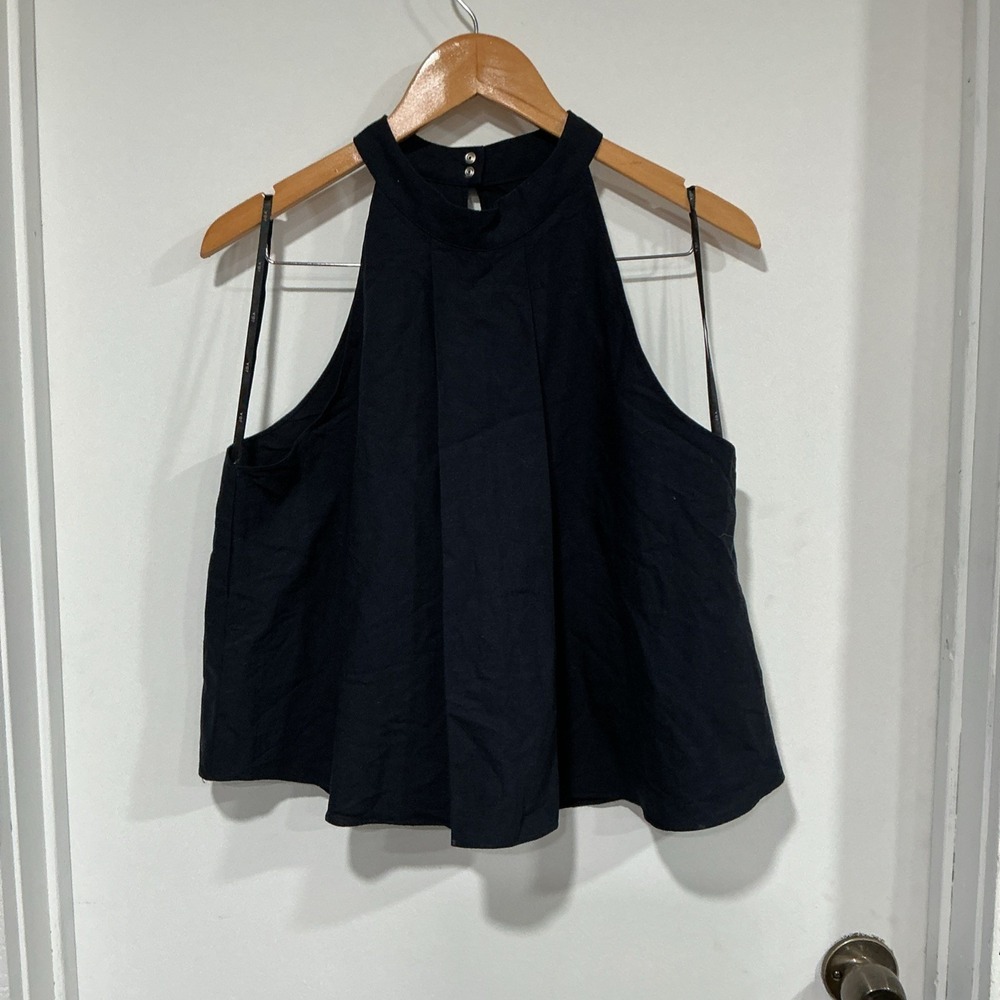 Revolve J.O.A Los Angeles Trapeze Halter Pleats Tank Linen cotton Blue Size L